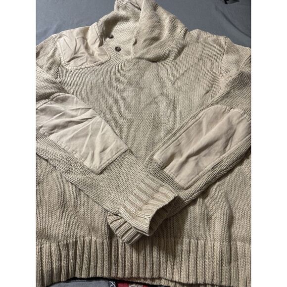 Polo Rugby Ralph Lauren shawl collar collegiate Tan cardigan sweater Linen Patch - Picture 1 of 3